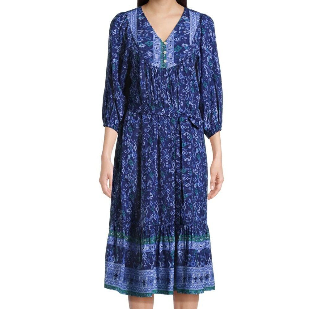 Beach Lunch Lounge Puff Sleeve Midi Dress Size XS Blue IKat Print Cottage Core